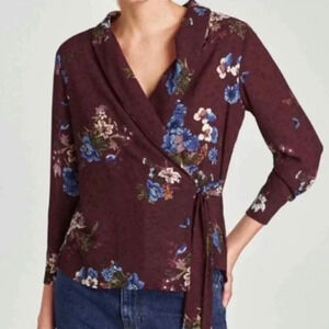 Zara Women Maroon/Blue Floral Design Wrap Kimono Blouse Size (Small)